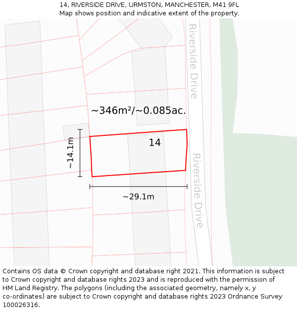 14, RIVERSIDE DRIVE, URMSTON, MANCHESTER, M41 9FL: Plot and title map