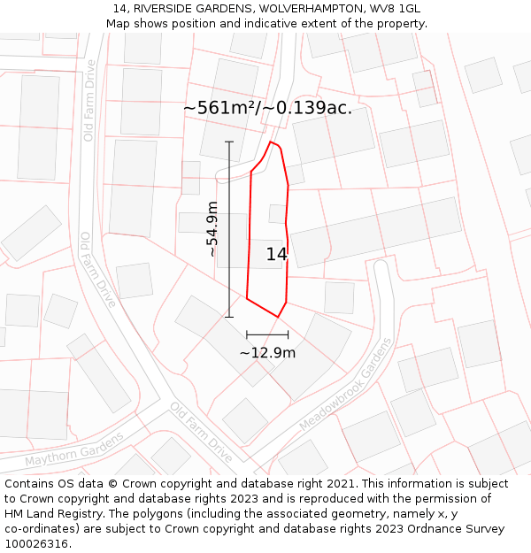 14, RIVERSIDE GARDENS, WOLVERHAMPTON, WV8 1GL: Plot and title map