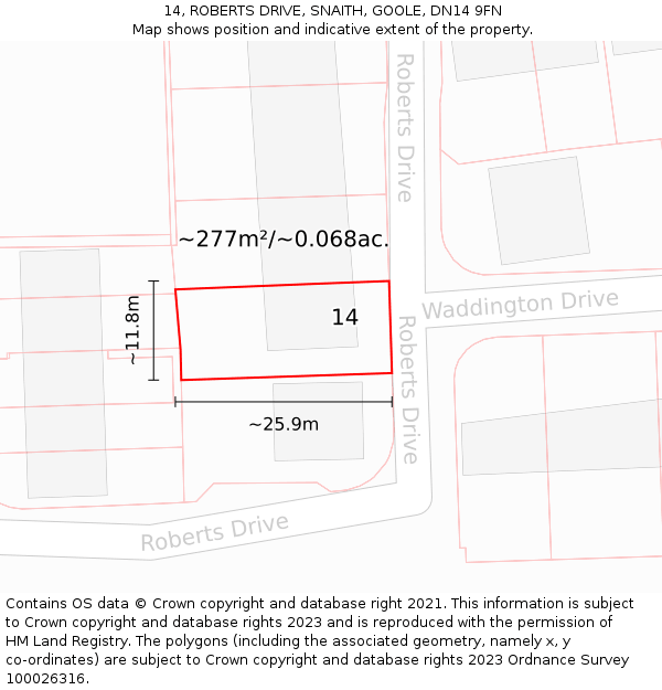 14, ROBERTS DRIVE, SNAITH, GOOLE, DN14 9FN: Plot and title map
