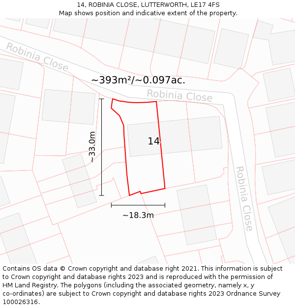 14, ROBINIA CLOSE, LUTTERWORTH, LE17 4FS: Plot and title map