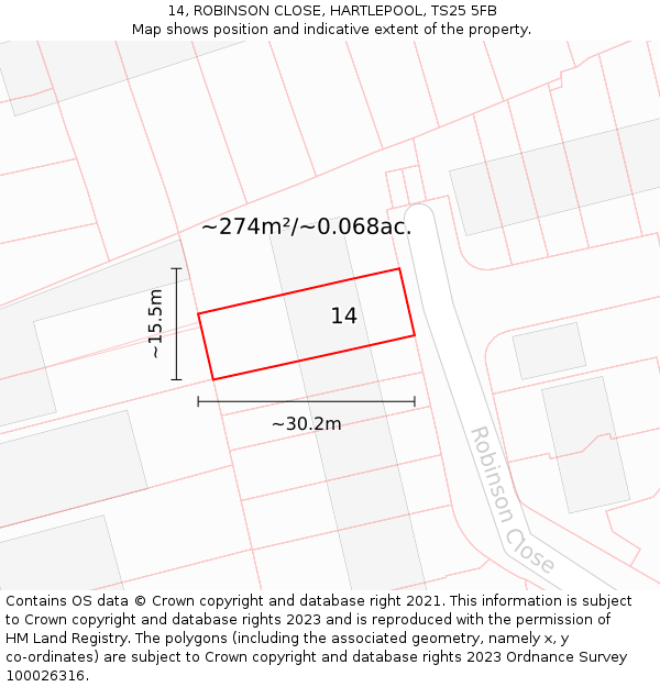 14, ROBINSON CLOSE, HARTLEPOOL, TS25 5FB: Plot and title map