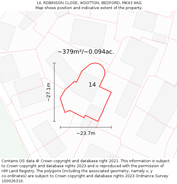 14, ROBINSON CLOSE, WOOTTON, BEDFORD, MK43 9AG: Plot and title map