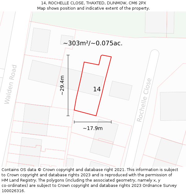 14, ROCHELLE CLOSE, THAXTED, DUNMOW, CM6 2PX: Plot and title map