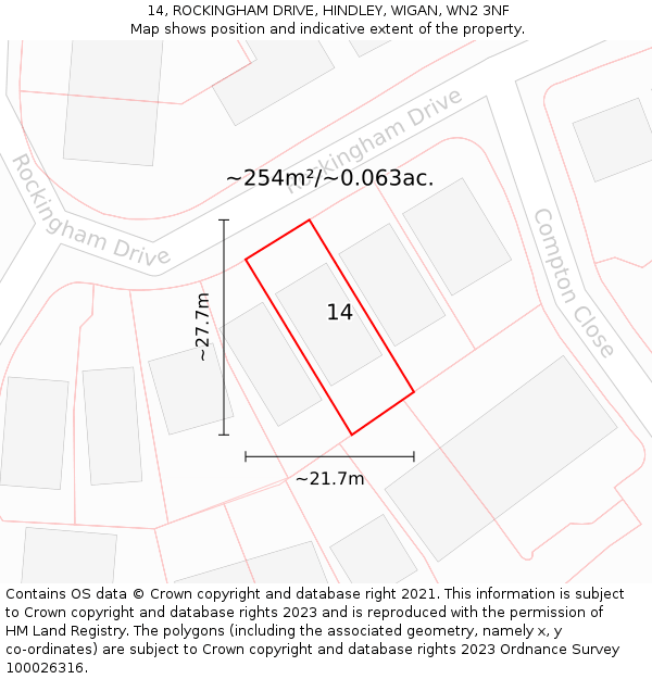 14, ROCKINGHAM DRIVE, HINDLEY, WIGAN, WN2 3NF: Plot and title map