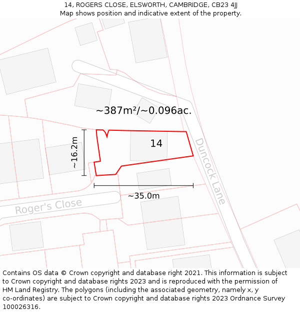 14, ROGERS CLOSE, ELSWORTH, CAMBRIDGE, CB23 4JJ: Plot and title map