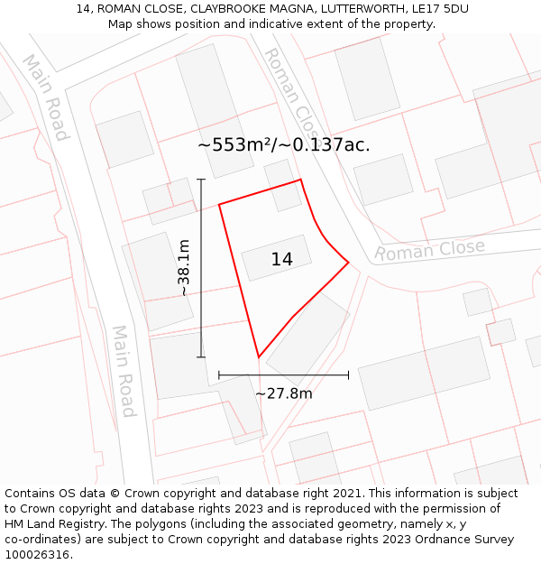14, ROMAN CLOSE, CLAYBROOKE MAGNA, LUTTERWORTH, LE17 5DU: Plot and title map