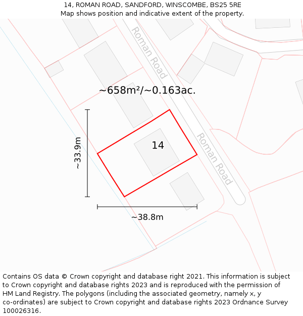 14, ROMAN ROAD, SANDFORD, WINSCOMBE, BS25 5RE: Plot and title map