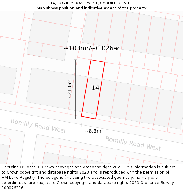 14, ROMILLY ROAD WEST, CARDIFF, CF5 1FT: Plot and title map
