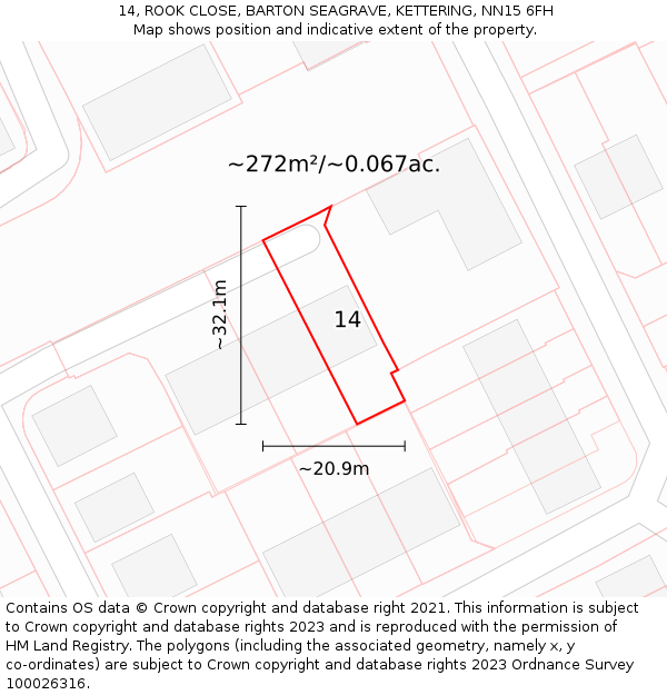 14, ROOK CLOSE, BARTON SEAGRAVE, KETTERING, NN15 6FH: Plot and title map