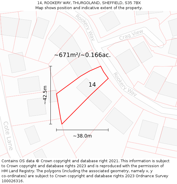 14, ROOKERY WAY, THURGOLAND, SHEFFIELD, S35 7BX: Plot and title map
