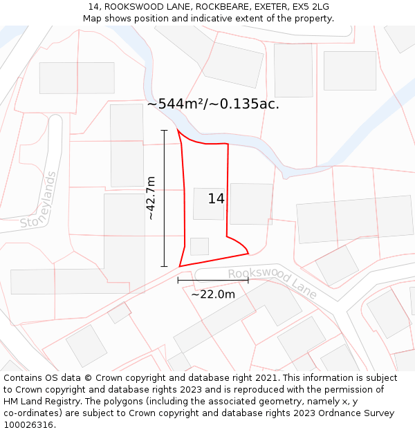 14, ROOKSWOOD LANE, ROCKBEARE, EXETER, EX5 2LG: Plot and title map