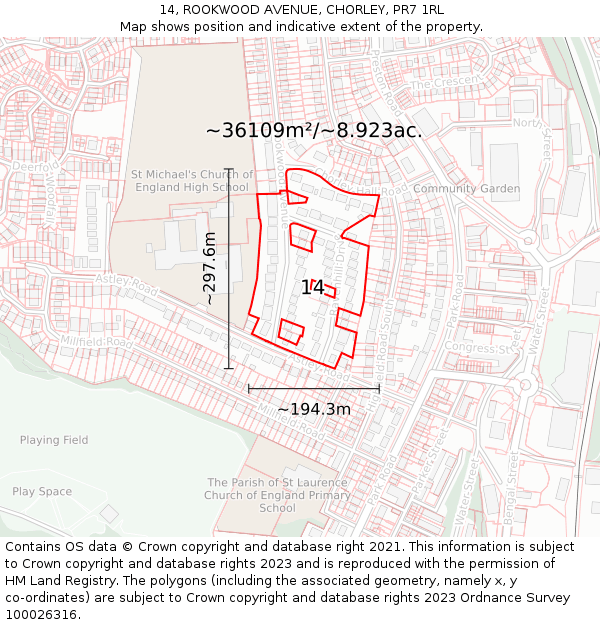 14, ROOKWOOD AVENUE, CHORLEY, PR7 1RL: Plot and title map