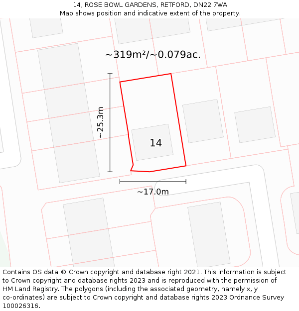 14, ROSE BOWL GARDENS, RETFORD, DN22 7WA: Plot and title map