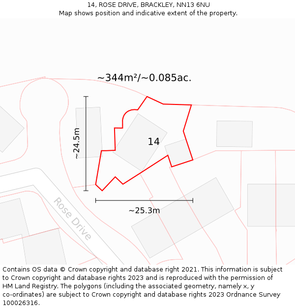14, ROSE DRIVE, BRACKLEY, NN13 6NU: Plot and title map