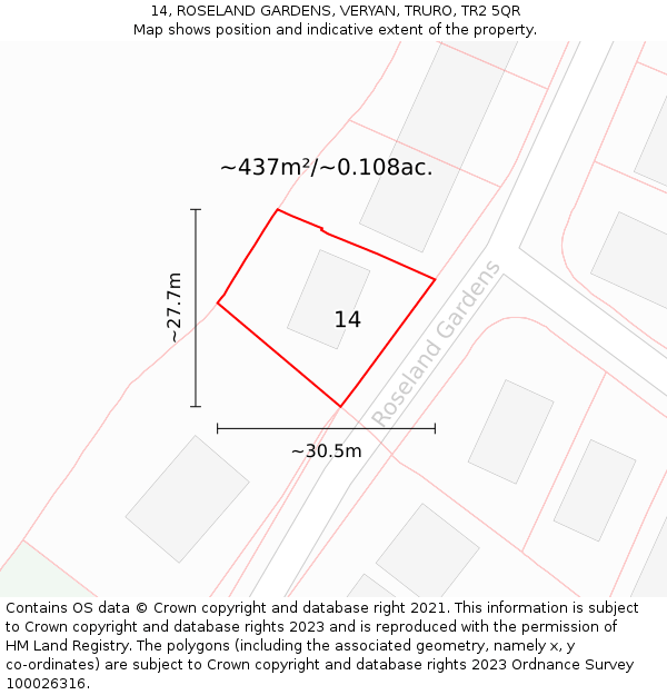 14, ROSELAND GARDENS, VERYAN, TRURO, TR2 5QR: Plot and title map