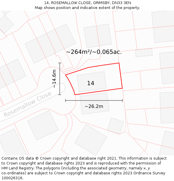 14, ROSEMALLOW CLOSE, GRIMSBY, DN33 3EN: Plot and title map