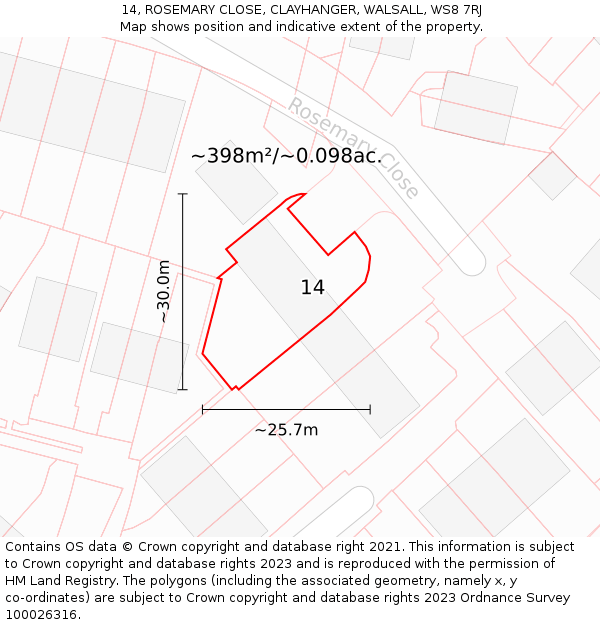 14, ROSEMARY CLOSE, CLAYHANGER, WALSALL, WS8 7RJ: Plot and title map