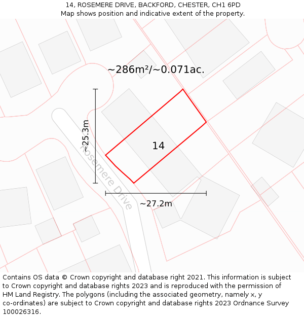 14, ROSEMERE DRIVE, BACKFORD, CHESTER, CH1 6PD: Plot and title map