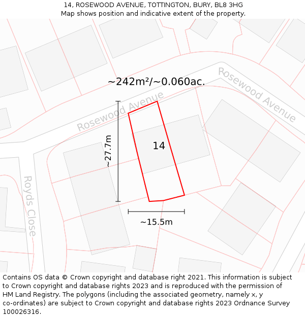 14, ROSEWOOD AVENUE, TOTTINGTON, BURY, BL8 3HG: Plot and title map