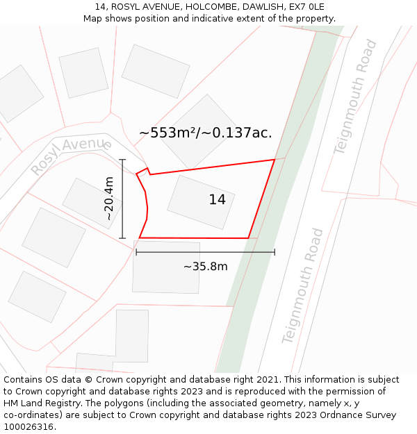 14, ROSYL AVENUE, HOLCOMBE, DAWLISH, EX7 0LE: Plot and title map
