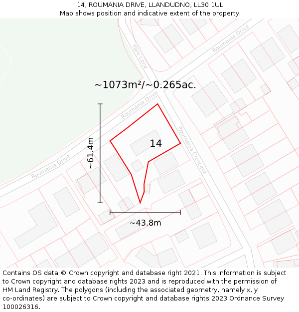 14, ROUMANIA DRIVE, LLANDUDNO, LL30 1UL: Plot and title map