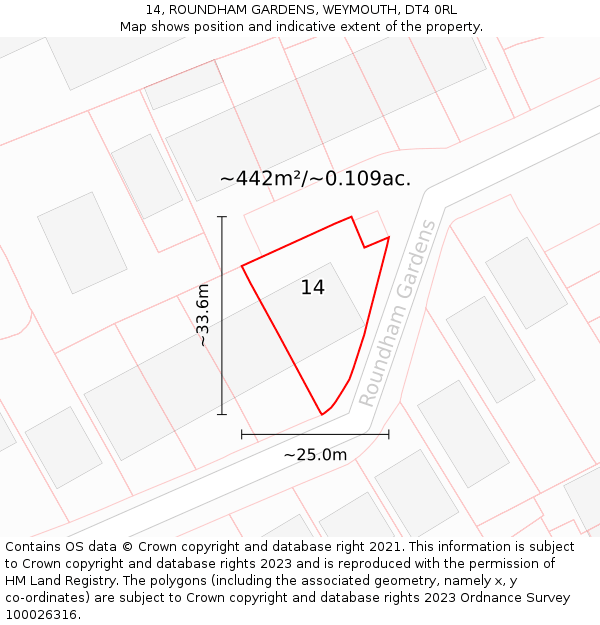 14, ROUNDHAM GARDENS, WEYMOUTH, DT4 0RL: Plot and title map