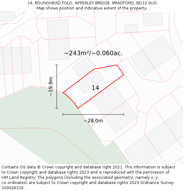 14, ROUNDHEAD FOLD, APPERLEY BRIDGE, BRADFORD, BD10 0UG: Plot and title map