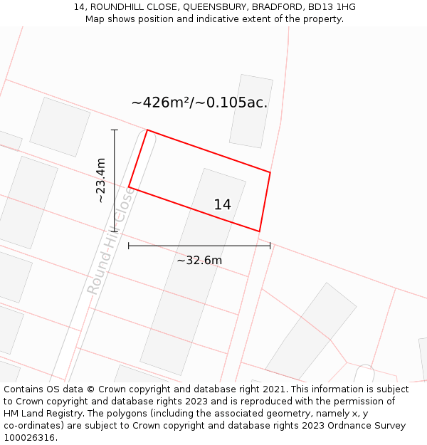 14, ROUNDHILL CLOSE, QUEENSBURY, BRADFORD, BD13 1HG: Plot and title map