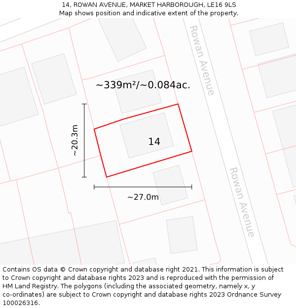 14, ROWAN AVENUE, MARKET HARBOROUGH, LE16 9LS: Plot and title map