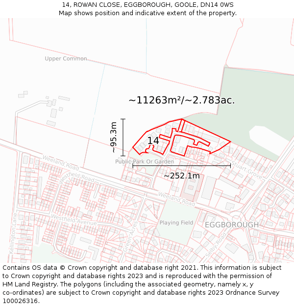 14, ROWAN CLOSE, EGGBOROUGH, GOOLE, DN14 0WS: Plot and title map