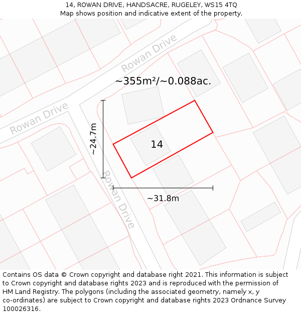 14, ROWAN DRIVE, HANDSACRE, RUGELEY, WS15 4TQ: Plot and title map