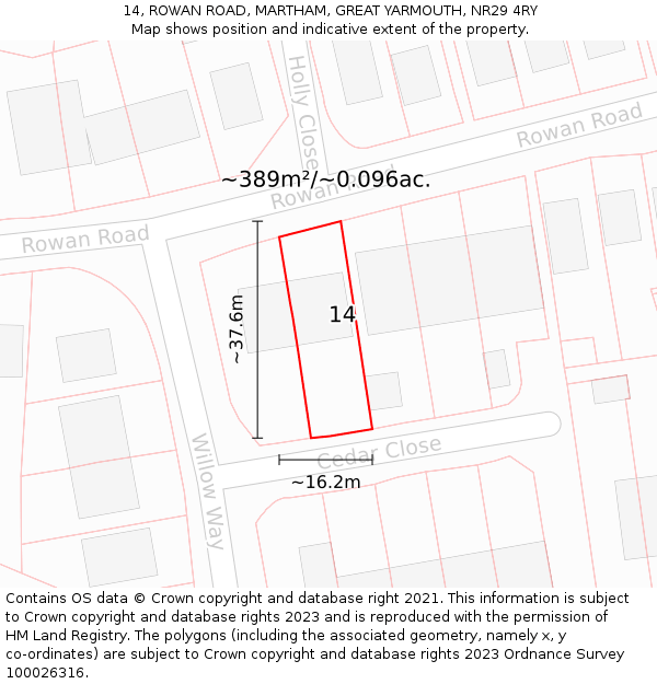 14, ROWAN ROAD, MARTHAM, GREAT YARMOUTH, NR29 4RY: Plot and title map