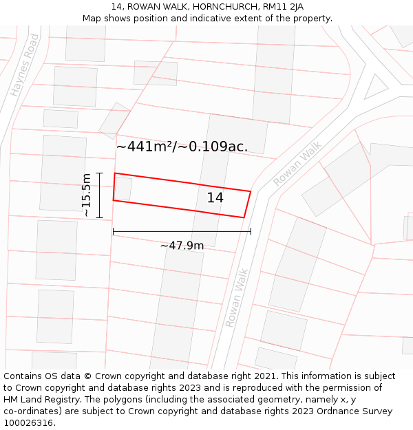 14, ROWAN WALK, HORNCHURCH, RM11 2JA: Plot and title map