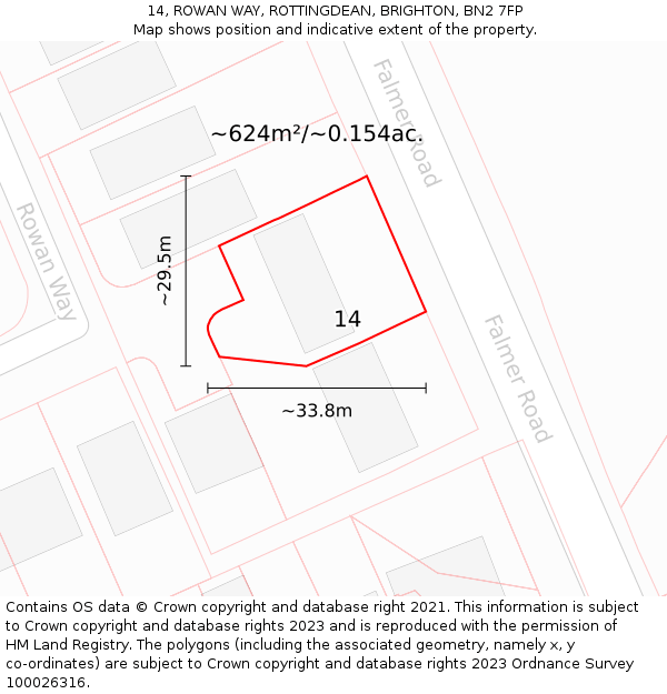 14, ROWAN WAY, ROTTINGDEAN, BRIGHTON, BN2 7FP: Plot and title map
