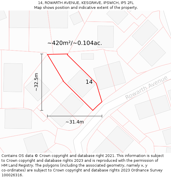 14, ROWARTH AVENUE, KESGRAVE, IPSWICH, IP5 2FL: Plot and title map