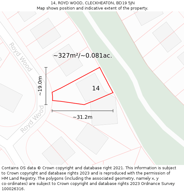 14, ROYD WOOD, CLECKHEATON, BD19 5JN: Plot and title map
