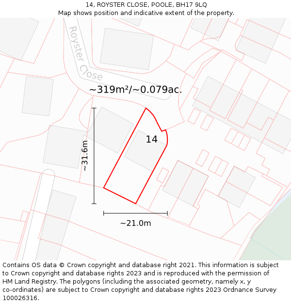 14, ROYSTER CLOSE, POOLE, BH17 9LQ: Plot and title map