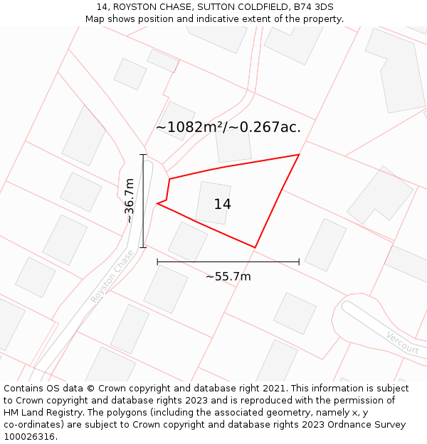 14, ROYSTON CHASE, SUTTON COLDFIELD, B74 3DS: Plot and title map