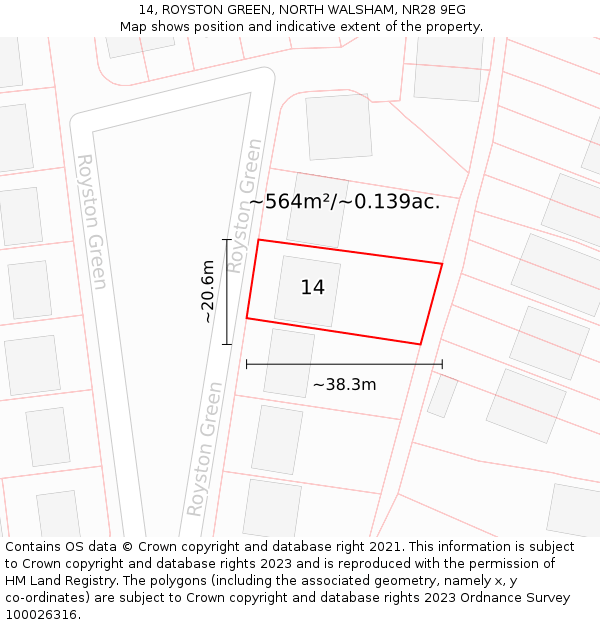 14, ROYSTON GREEN, NORTH WALSHAM, NR28 9EG: Plot and title map