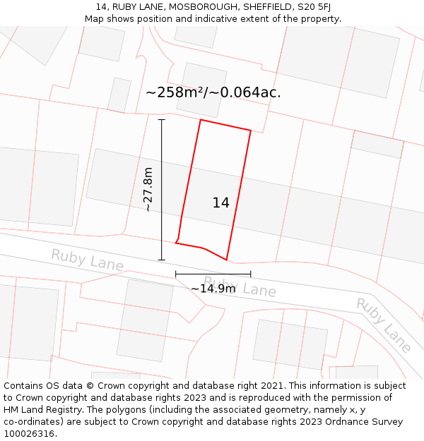 14, RUBY LANE, MOSBOROUGH, SHEFFIELD, S20 5FJ: Plot and title map