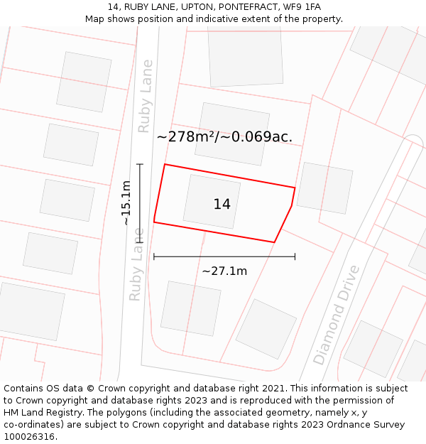 14, RUBY LANE, UPTON, PONTEFRACT, WF9 1FA: Plot and title map