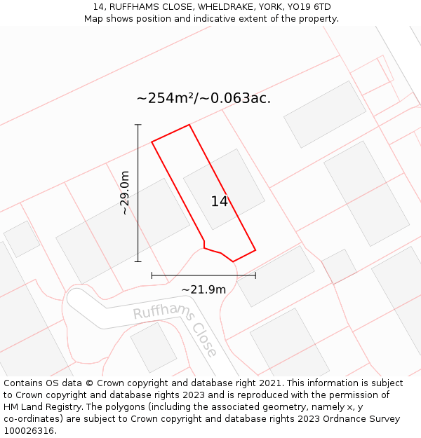 14, RUFFHAMS CLOSE, WHELDRAKE, YORK, YO19 6TD: Plot and title map