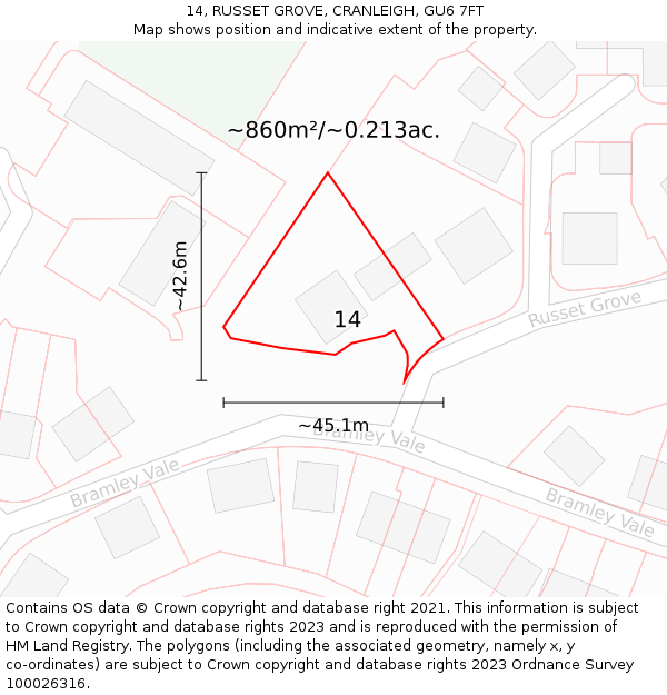 14, RUSSET GROVE, CRANLEIGH, GU6 7FT: Plot and title map