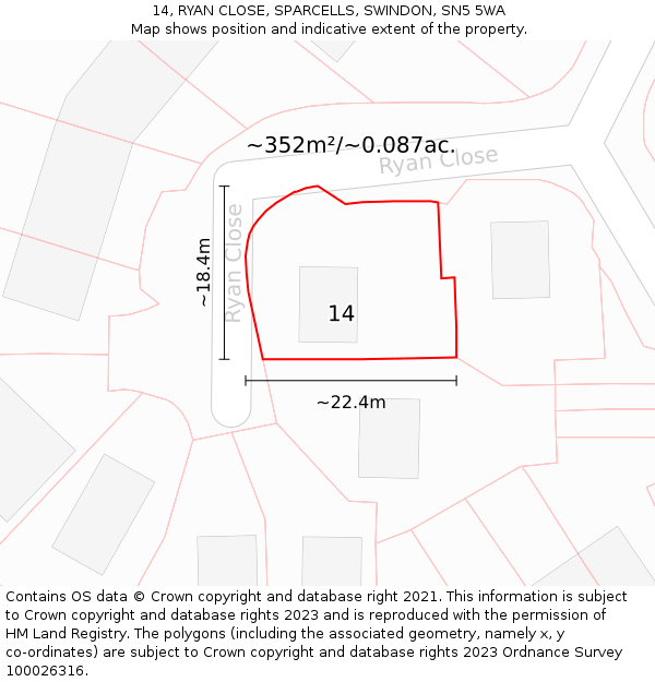 14, RYAN CLOSE, SPARCELLS, SWINDON, SN5 5WA: Plot and title map