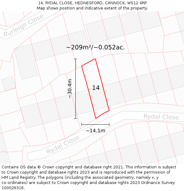 14, RYDAL CLOSE, HEDNESFORD, CANNOCK, WS12 4RP: Plot and title map