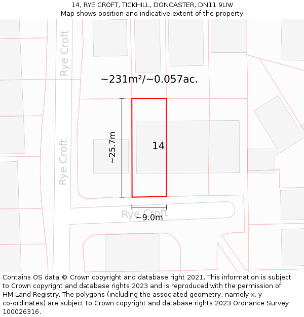14, RYE CROFT, TICKHILL, DONCASTER, DN11 9UW: Plot and title map