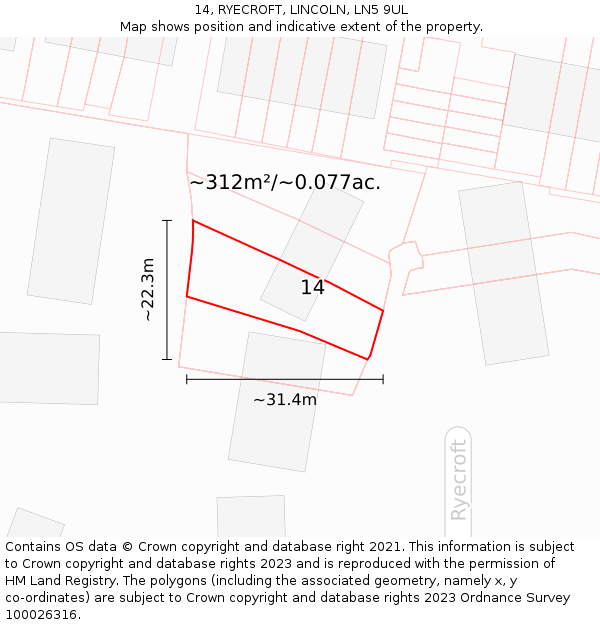 14, RYECROFT, LINCOLN, LN5 9UL: Plot and title map