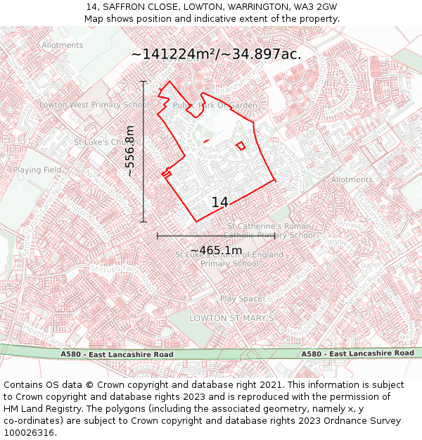 14, SAFFRON CLOSE, LOWTON, WARRINGTON, WA3 2GW: Plot and title map