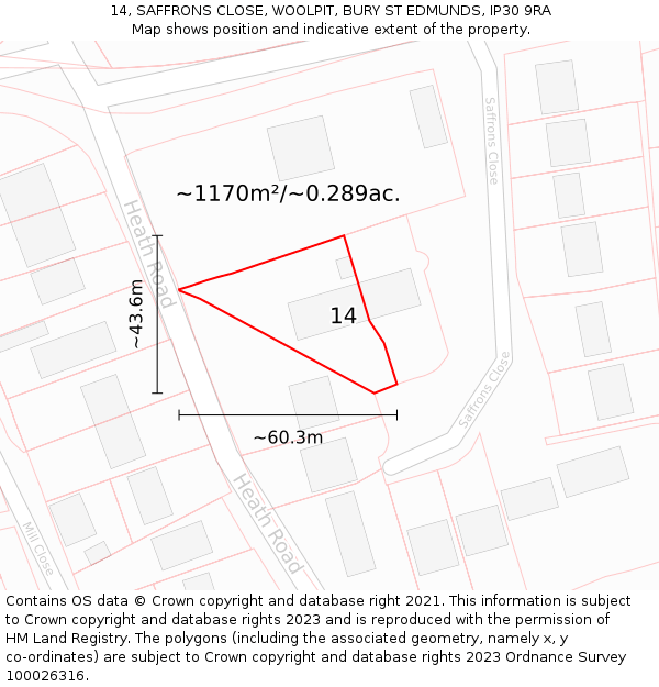 14, SAFFRONS CLOSE, WOOLPIT, BURY ST EDMUNDS, IP30 9RA: Plot and title map