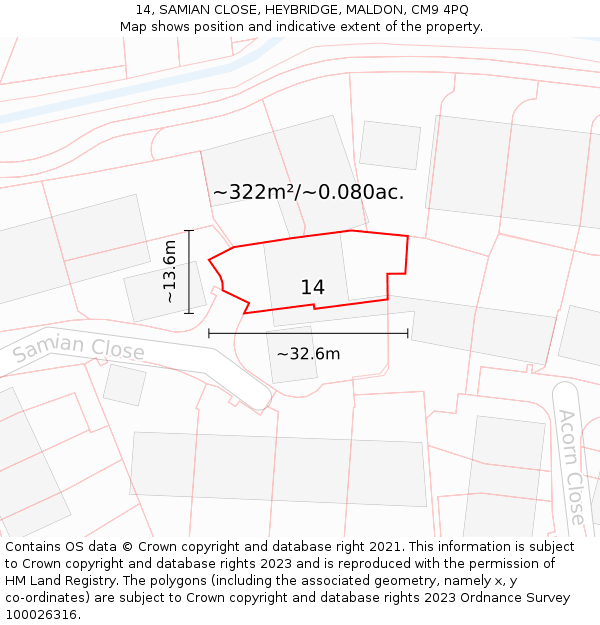 14, SAMIAN CLOSE, HEYBRIDGE, MALDON, CM9 4PQ: Plot and title map